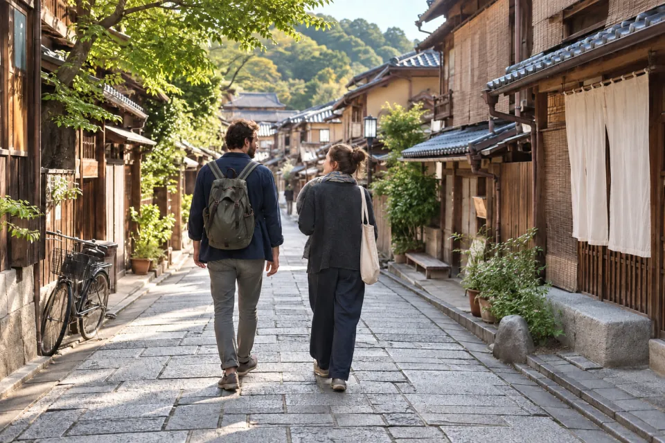 木造の建物が並ぶ日本の街路を歩く二人の旅行者